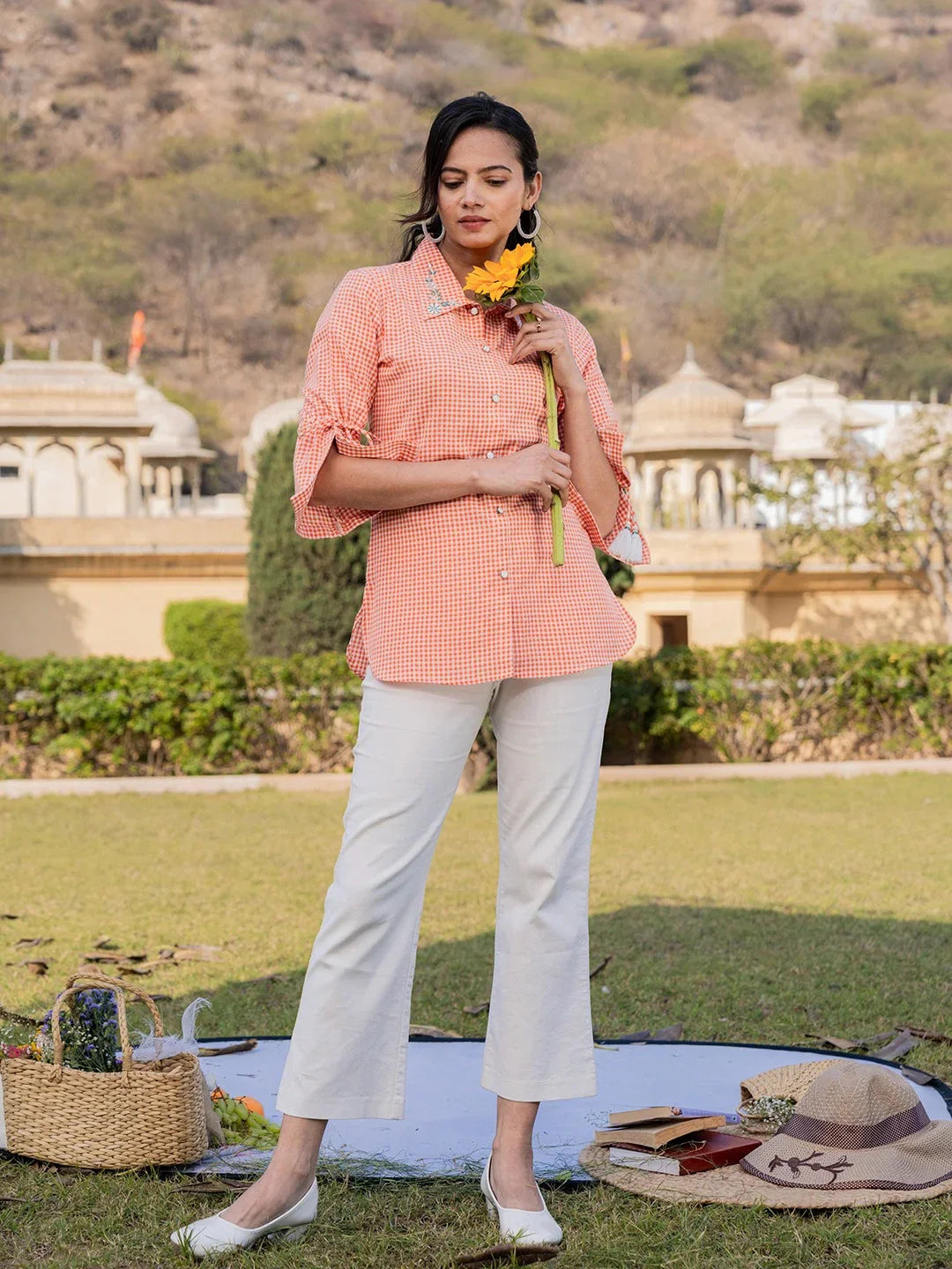 Yufta Orange Cotton Checks Printed Embroidery Top