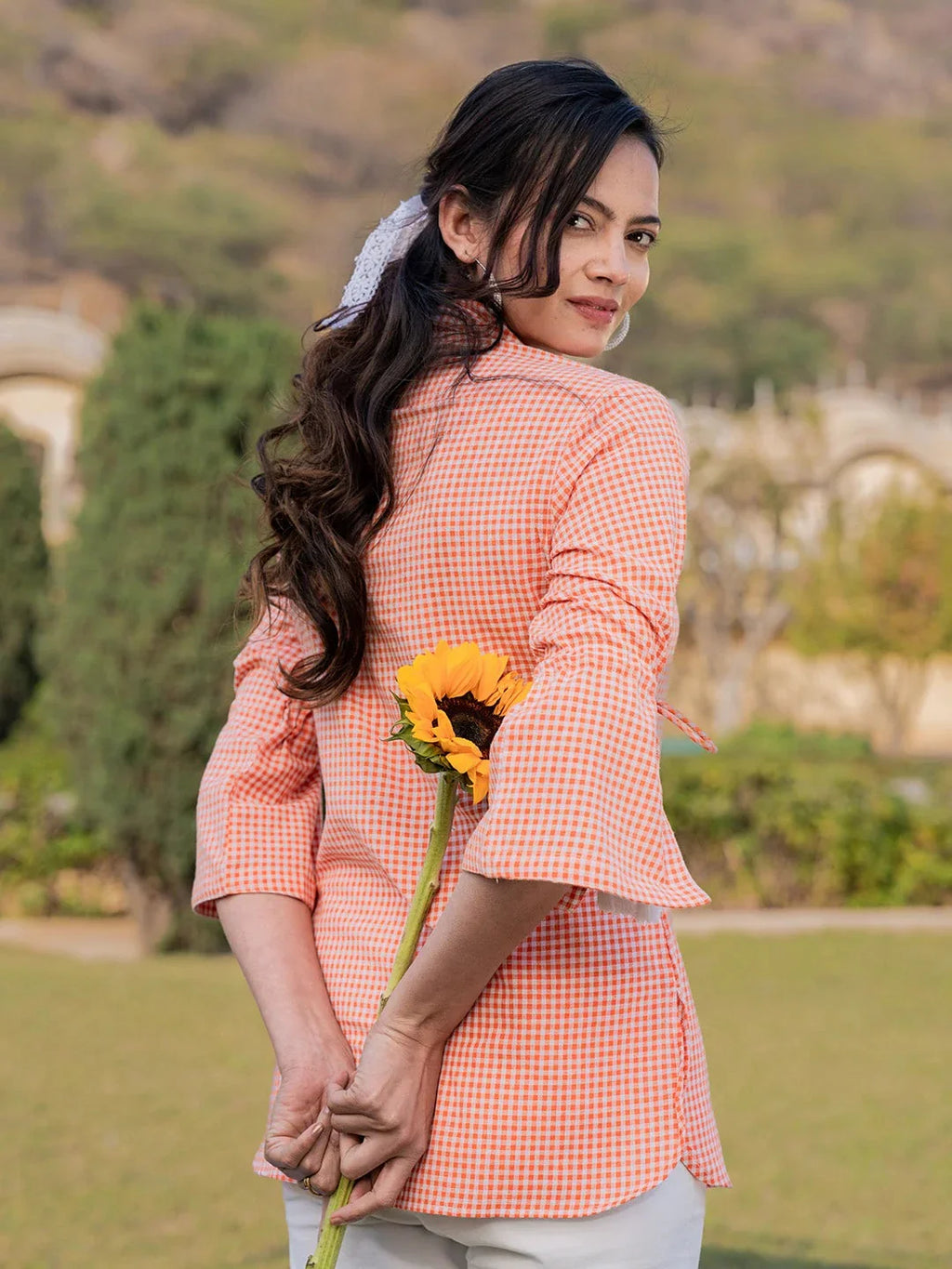 Yufta Orange Cotton Checks Printed Embroidery Top