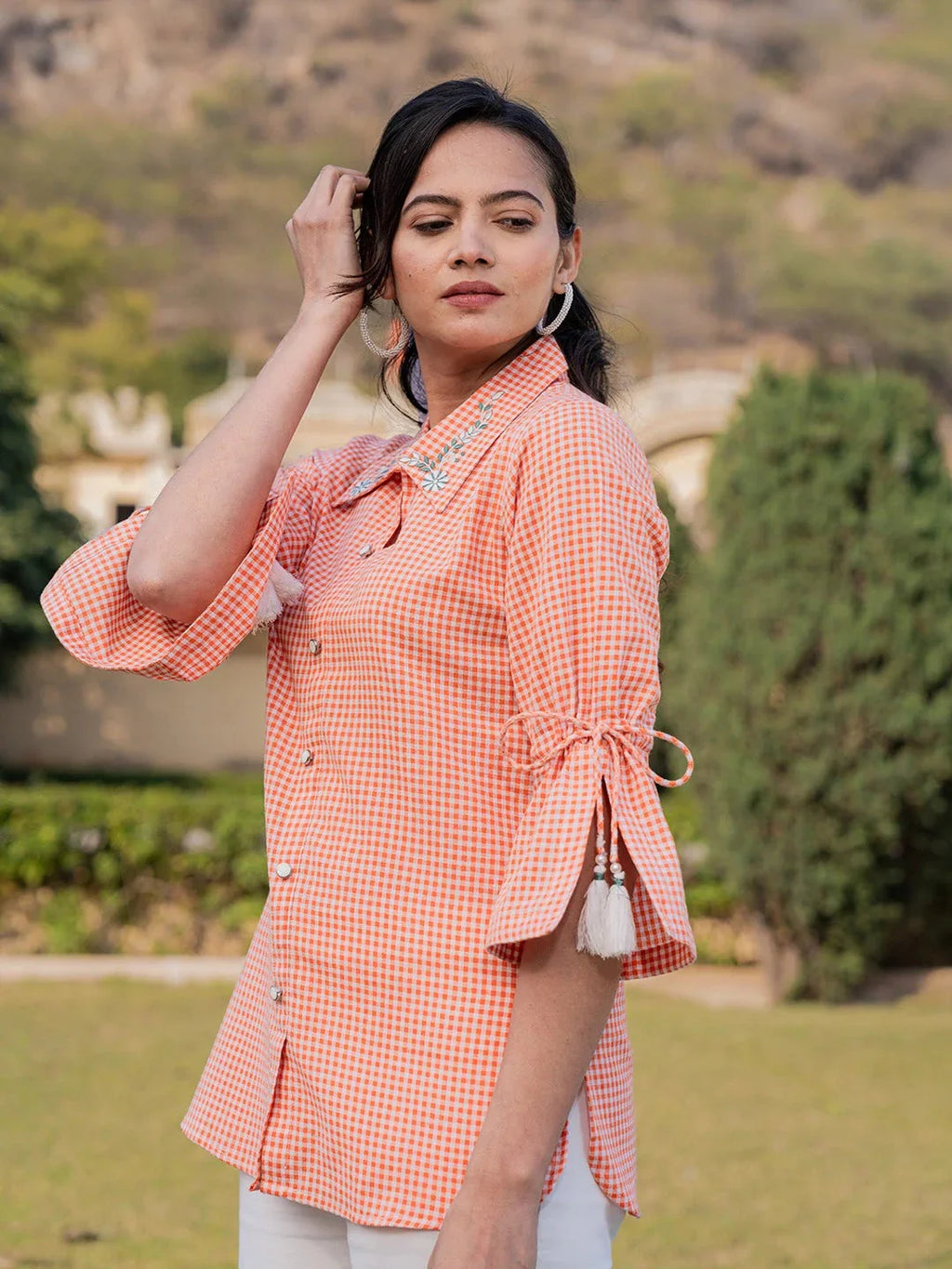 Yufta Orange Cotton Checks Printed Embroidery Top