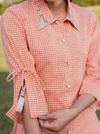 Yufta Orange Cotton Checks Printed Embroidery Top
