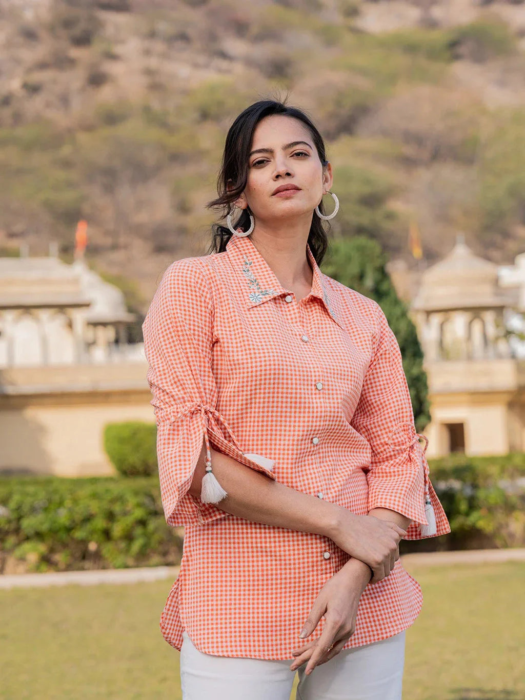 Yufta Orange Cotton Checks Printed Embroidery Top