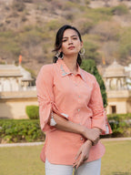 Yufta Orange Cotton Checks Printed Embroidery Top