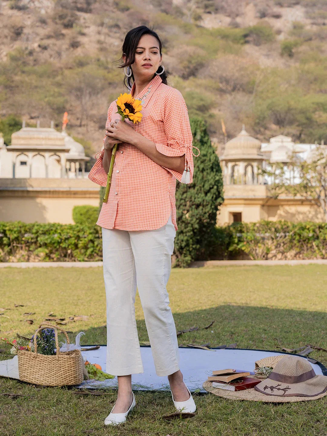 Yufta Orange Cotton Checks Printed Embroidery Top