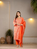 Yufta Orange Leheriya Print Cotton Straight Suit Set