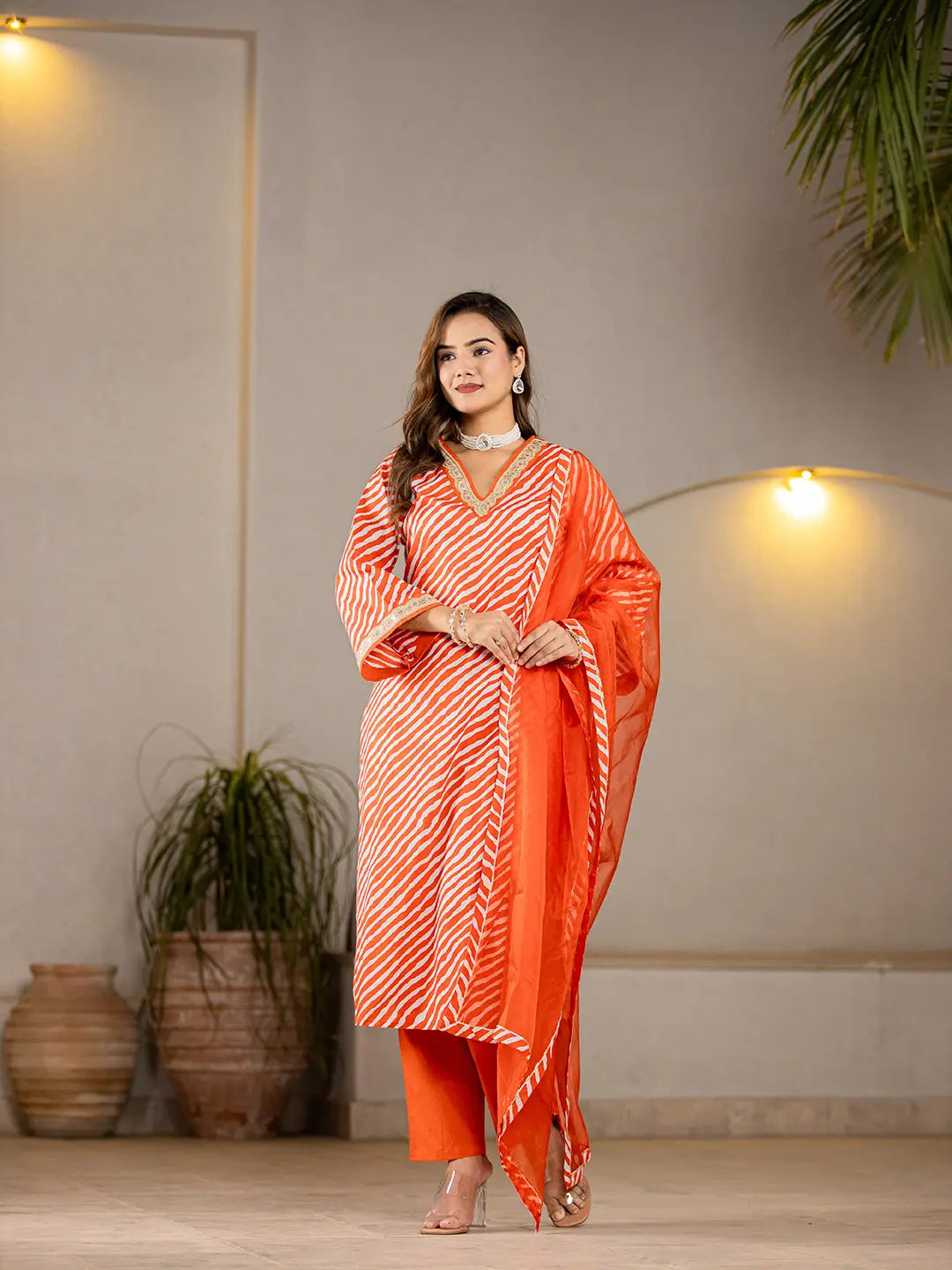 Yufta Orange Leheriya Print Cotton Straight Suit Set