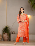 Yufta Orange Leheriya Print Cotton Straight Suit Set