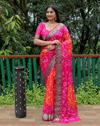 Lorenvalley Premium Pure Bandhej Tapeta Soft light weight silk saree with zari weaving Border - Multicolor