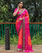 Lorenvalley Premium Pure Bandhej Tapeta Soft light weight silk saree with zari weaving Border - Multicolor