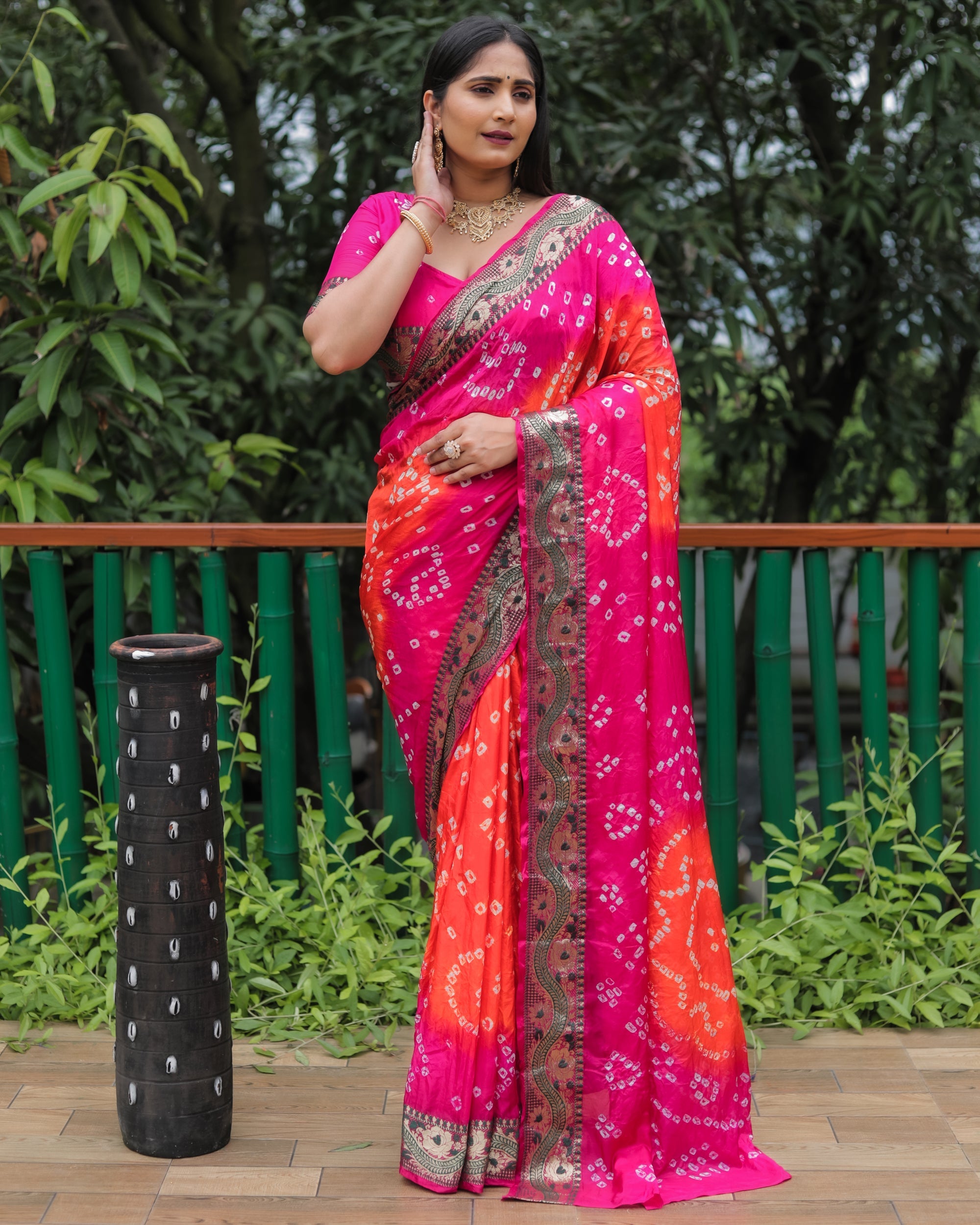 Lorenvalley Premium Pure Bandhej Tapeta Soft light weight silk saree with zari weaving Border - Multicolor