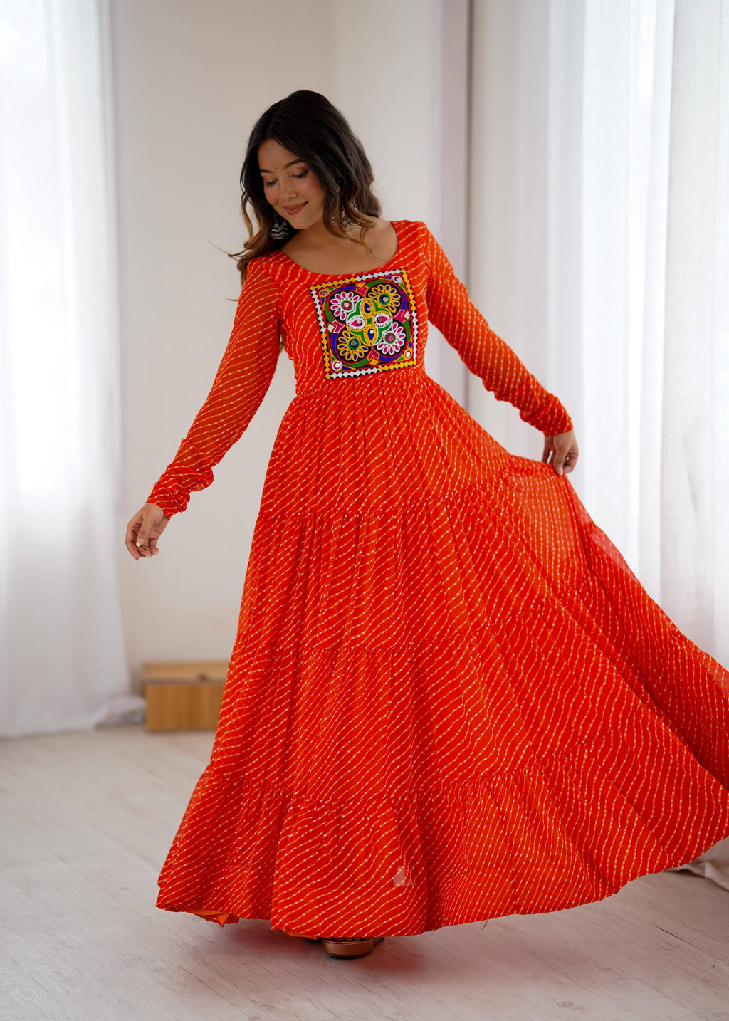 Lorenvalley Fashion Women Pure Soft Faux Georgette Leheriya Print Anarkali Gown - Distacart