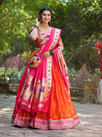 Lorenvalley Orange Jacquard Silk Paithani Weaving Zari Lehenga Choli with Dupatta