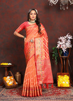 Lorenvalley Fashion Orange Organza Silk Woven Design with Rich Meenakari Weaving Pallu Saree
