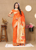 Lorenvalley Fashion Orange Soft Paithani Silk Woven Design Rich Zari Meenakari Weaving Saree