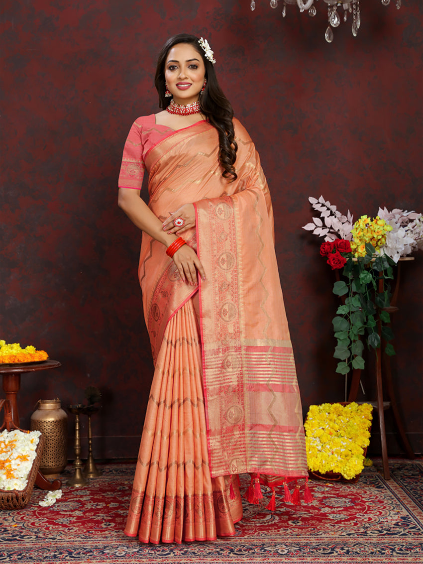 Lorenvalley Fashion Orange Soft Katan Silk Woven Design Zari Weaving Pallu Saree
