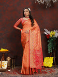 Lorenvalley Fashion Orange Organza Silk Woven Design with Rich Meenakari Weaving Pallu Saree