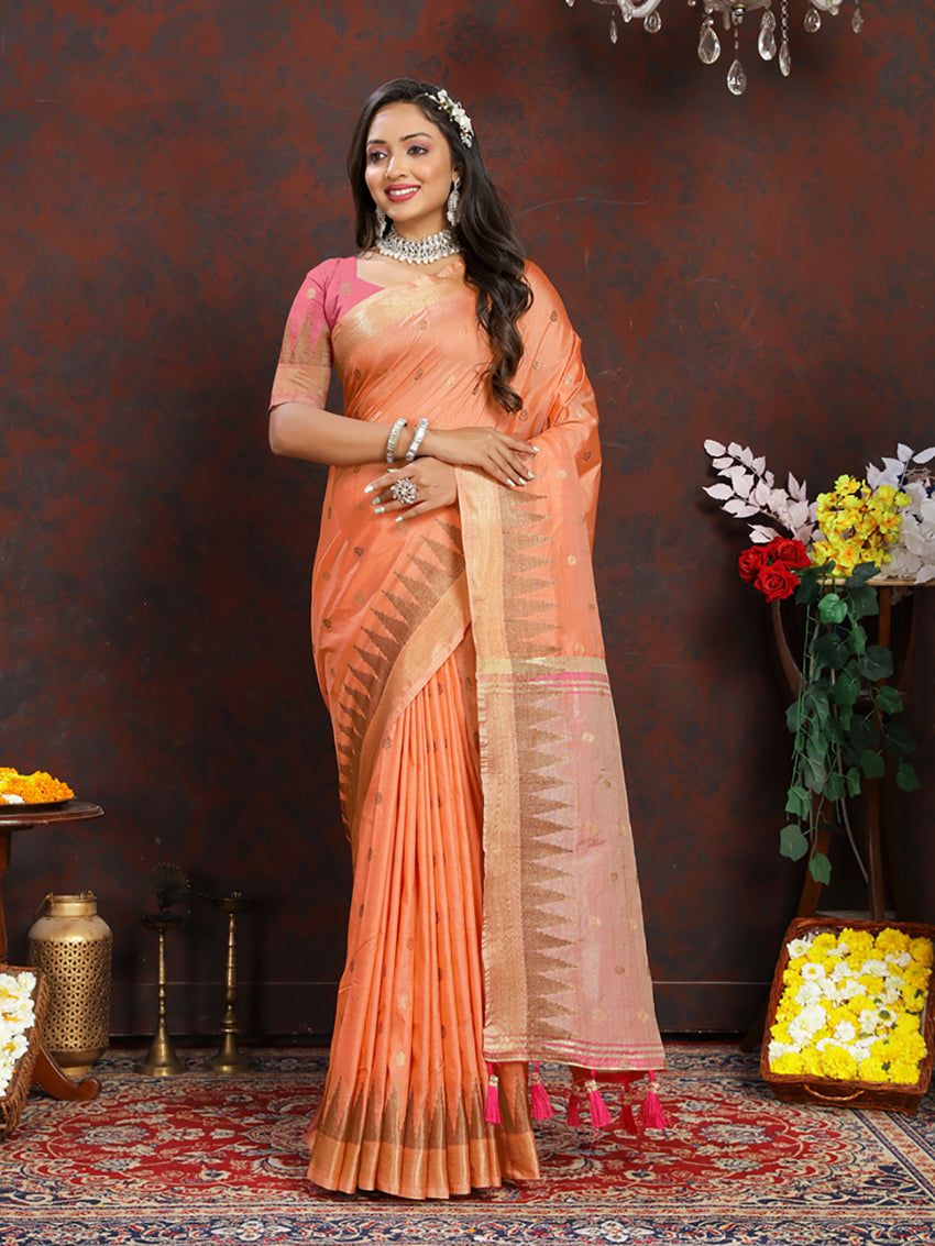Lorenvalley Fashion Orange Soft Katan Silk Woven Design Zari Weaving Pallu Saree