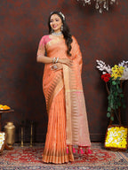 Lorenvalley Fashion Orange Soft Katan Silk Woven Design Zari Weaving Pallu Saree