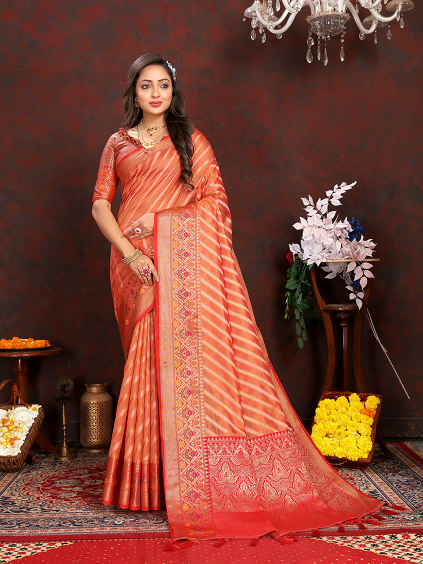 Lorenvalley Fashion Orange Organza Silk Woven Design with Rich Meenakari Weaving Pallu Saree