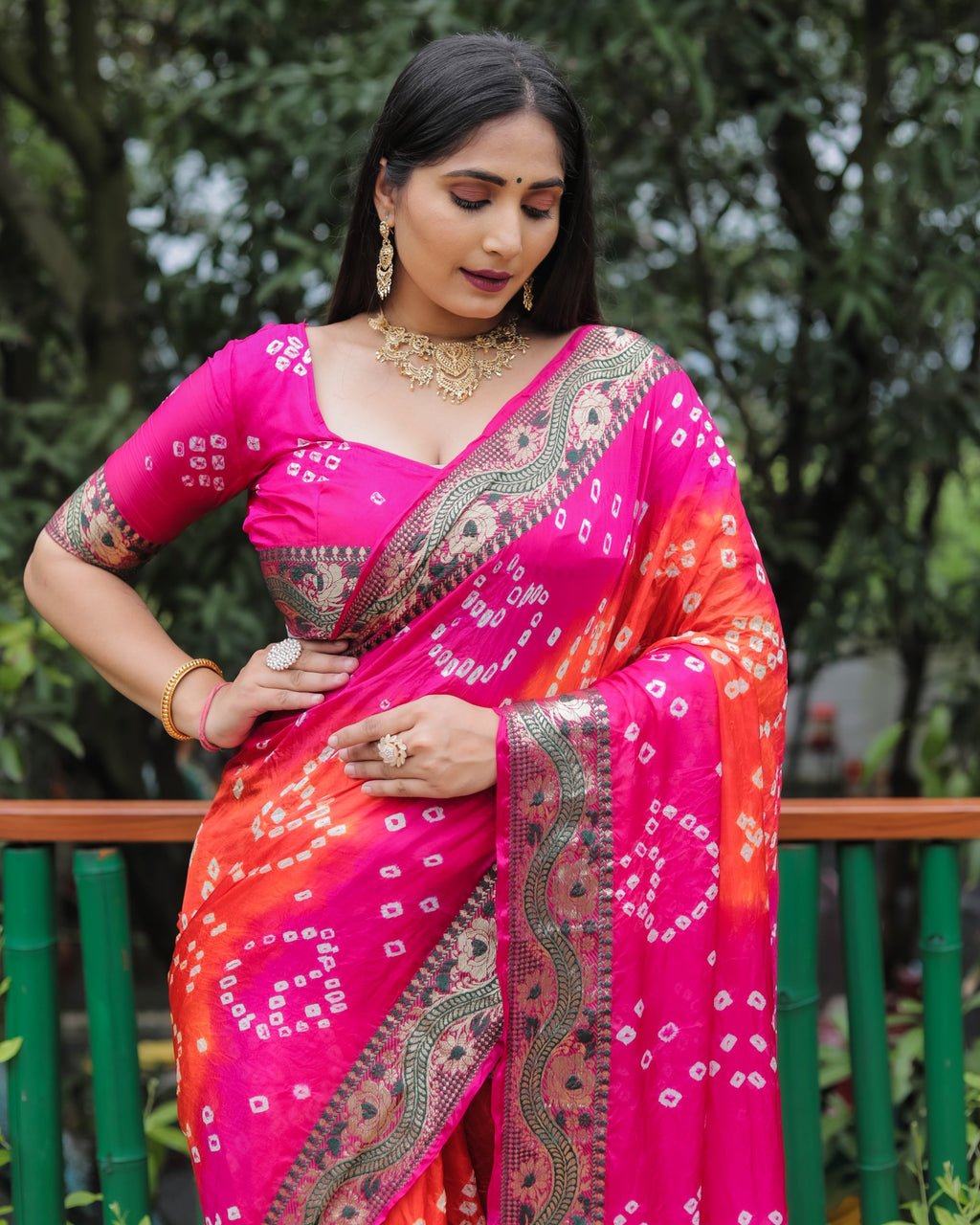 Lorenvalley Premium Pure Bandhej Tapeta Soft light weight silk saree with zari weaving Border - Multicolor