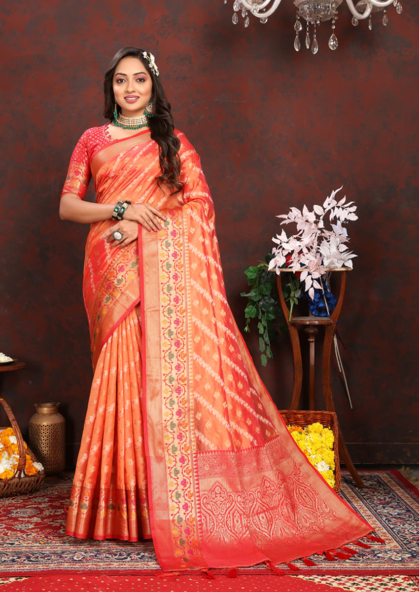 Lorenvalley Fashion Orange Organza Silk Woven Design with Rich Meenakari Weaving Pallu Saree