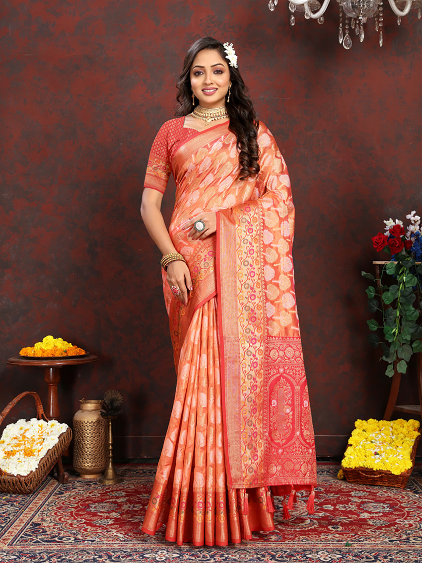 Lorenvalley Fashion Orange Organza Silk Woven Design with Rich Meenakari Weaving Pallu Saree