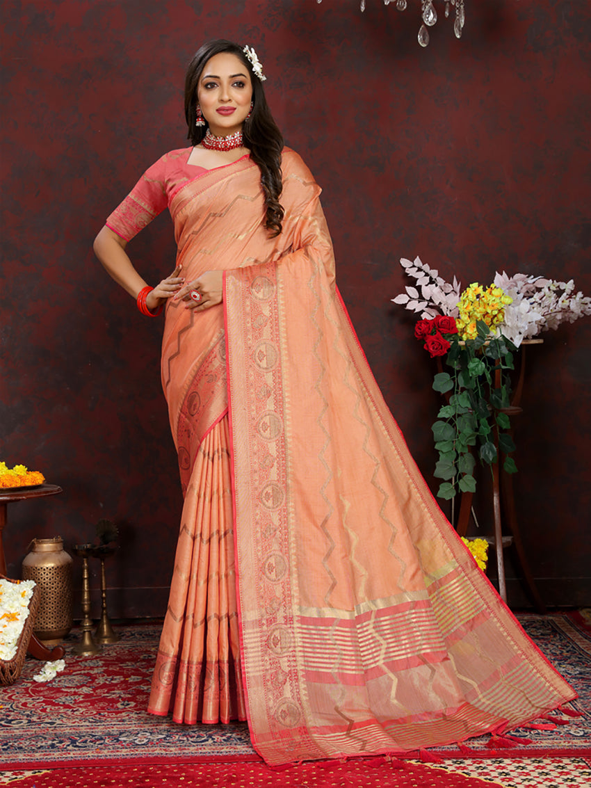 Lorenvalley Fashion Orange Soft Katan Silk Woven Design Zari Weaving Pallu Saree