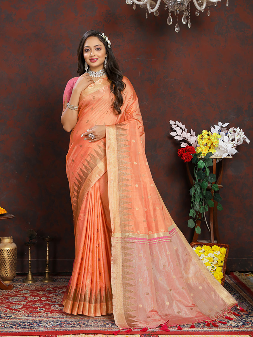 Lorenvalley Fashion Orange Soft Katan Silk Woven Design Zari Weaving Pallu Saree