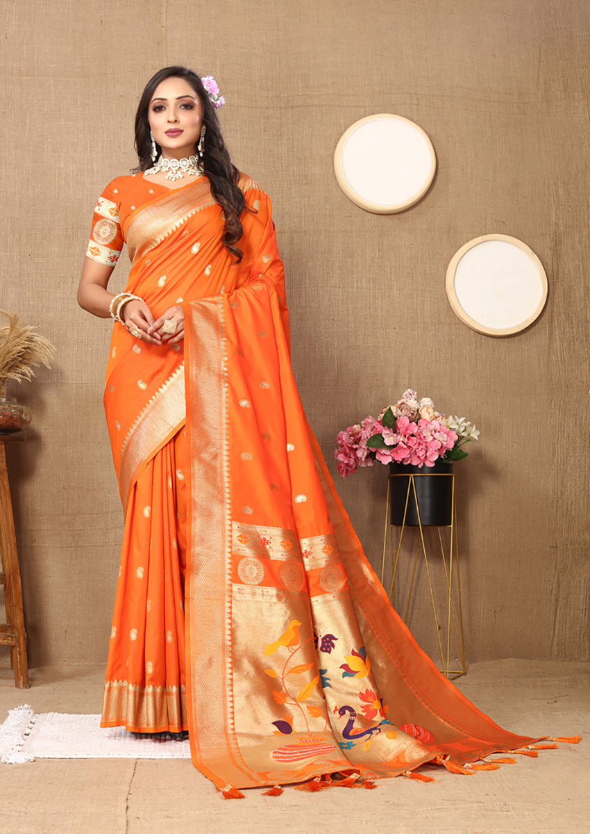Lorenvalley Fashion Orange Soft Paithani Silk Woven Design Rich Zari Meenakari Weaving Saree
