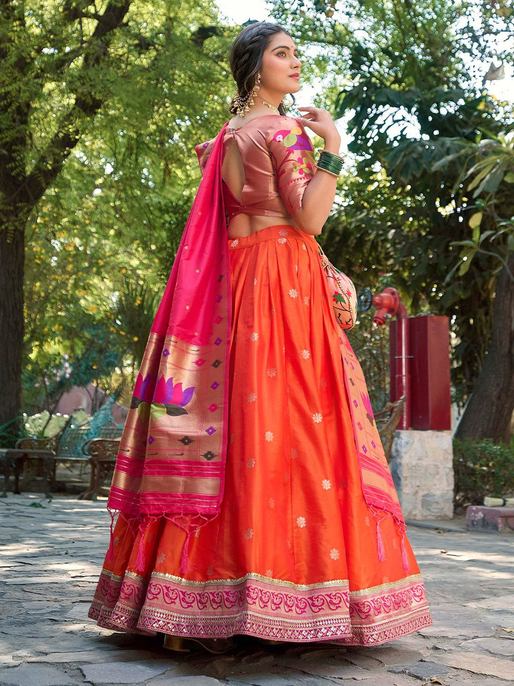 Lorenvalley Orange Jacquard Silk Paithani Weaving Zari Lehenga Choli with Dupatta
