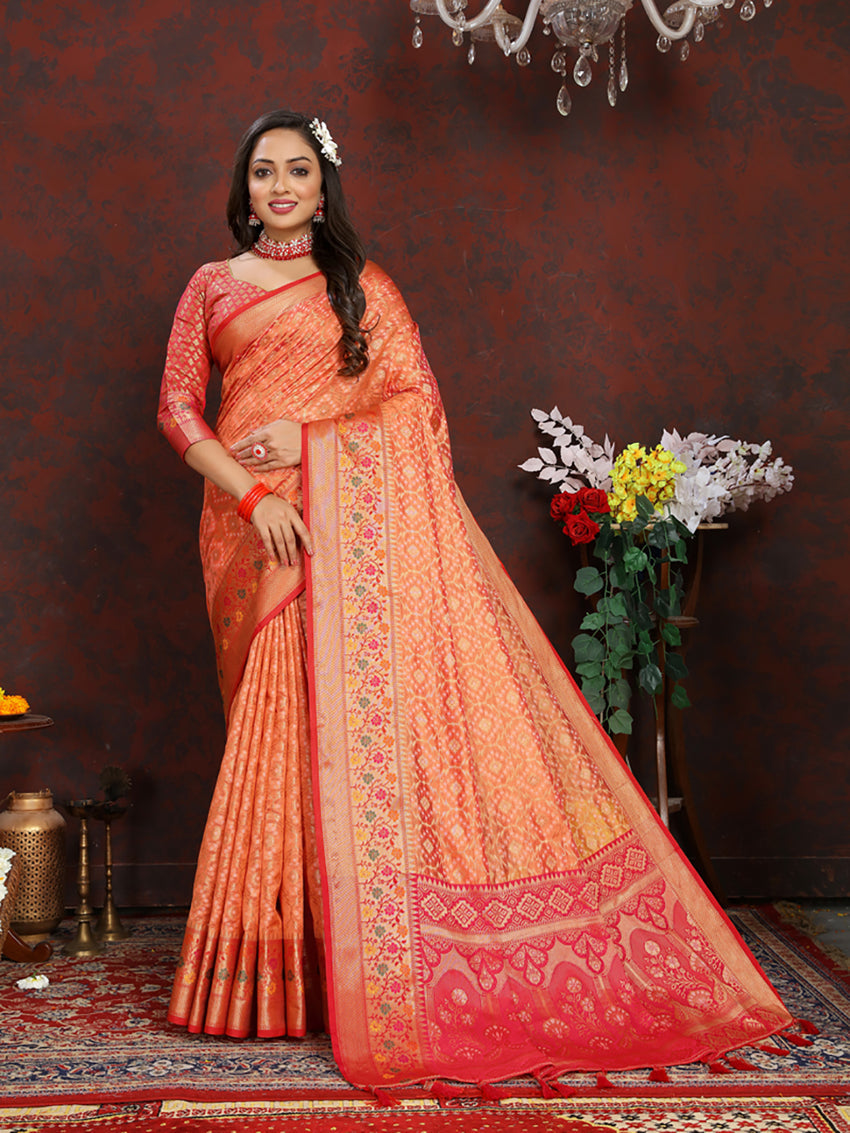 Lorenvalley Fashion Orange Organza Silk Woven Design with Rich Meenakari Weaving Pallu Saree