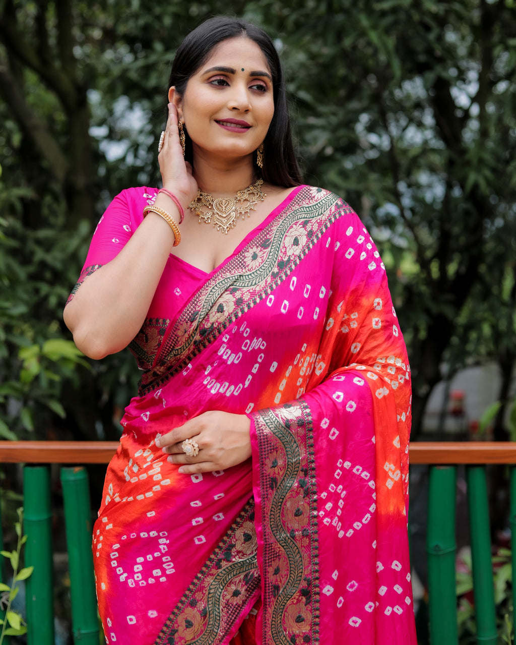 Lorenvalley Premium Pure Bandhej Tapeta Soft light weight silk saree with zari weaving Border - Multicolor