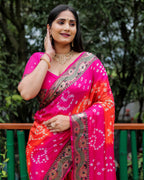 Lorenvalley Premium Pure Bandhej Tapeta Soft light weight silk saree with zari weaving Border - Multicolor