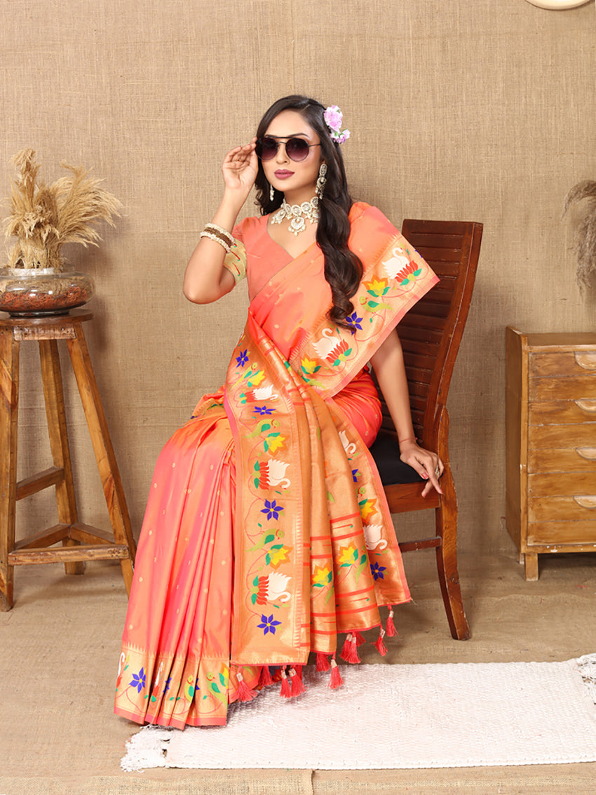 Lorenvalley Fashion Orange Soft Paithani Silk Woven Design Rich Zari Meenakari Weaving Saree