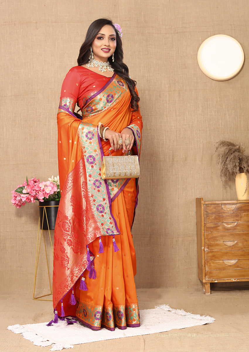 Lorenvalley Fashion Orange Soft Paithani Silk Woven Design Rich Meenakari Zari Weaving Pallu Saree