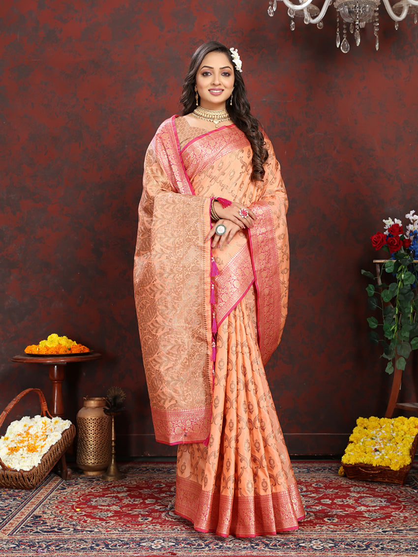 Lorenvalley Fashion Orange Soft Katan Silk Woven Design Rich Zari Weaving Pallu Saree