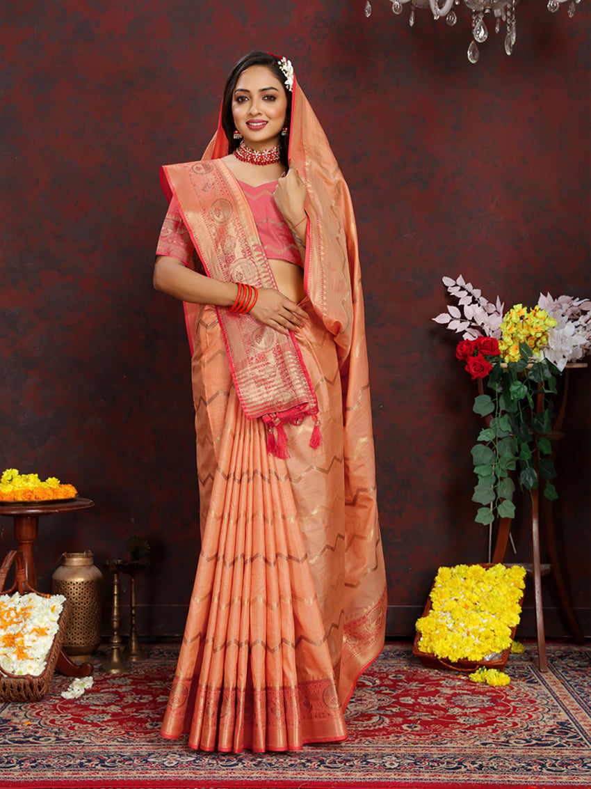 Lorenvalley Fashion Orange Soft Katan Silk Woven Design Zari Weaving Pallu Saree
