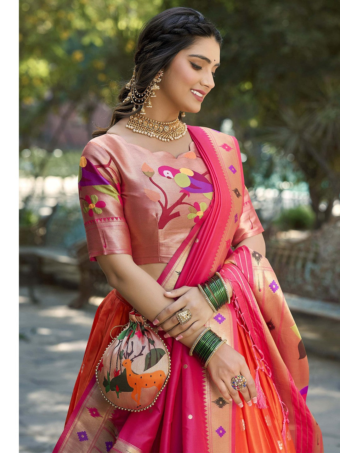 Lorenvalley Orange Jacquard Silk Paithani Weaving Zari Lehenga Choli with Dupatta