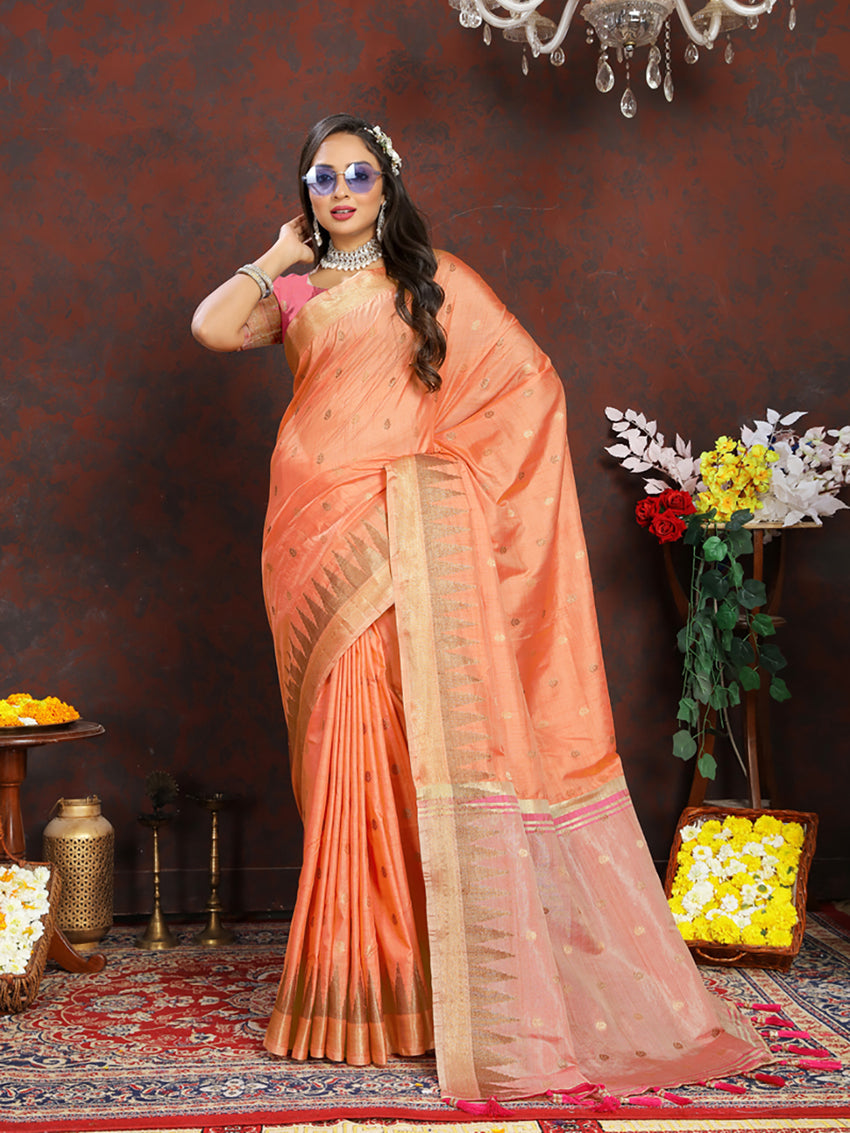 Lorenvalley Fashion Orange Soft Katan Silk Woven Design Zari Weaving Pallu Saree