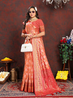 Lorenvalley Fashion Orange Organza Silk Woven Design with Rich Meenakari Weaving Pallu Saree