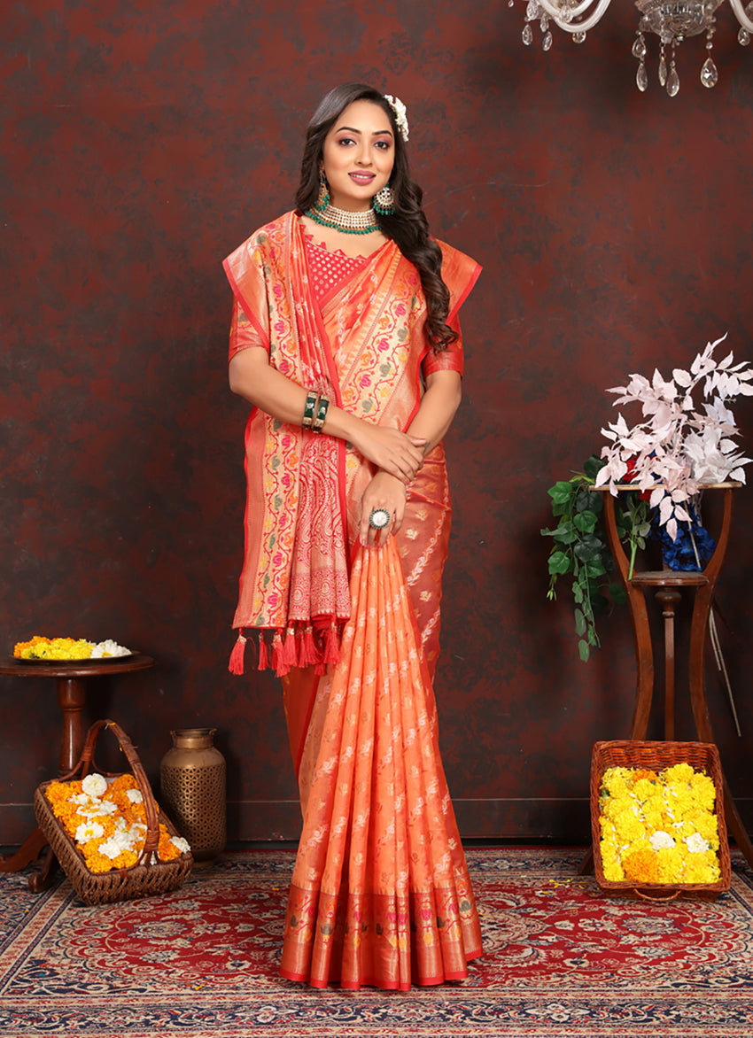 Lorenvalley Fashion Orange Organza Silk Woven Design with Rich Meenakari Weaving Pallu Saree