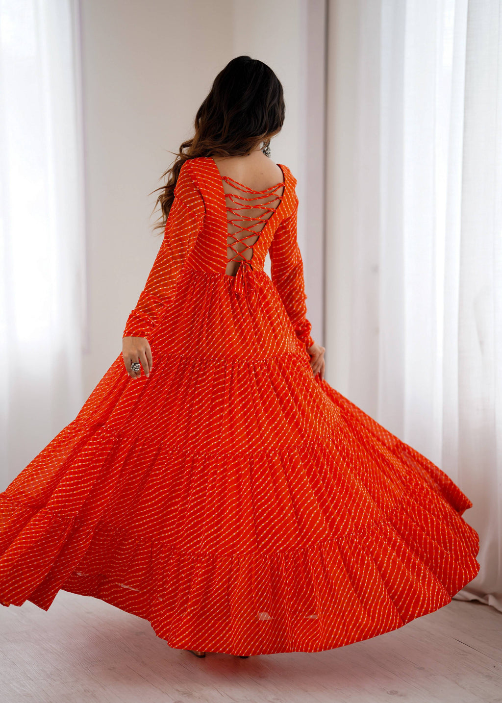Lorenvalley Fashion Women Pure Soft Faux Georgette Leheriya Print Anarkali Gown - Distacart