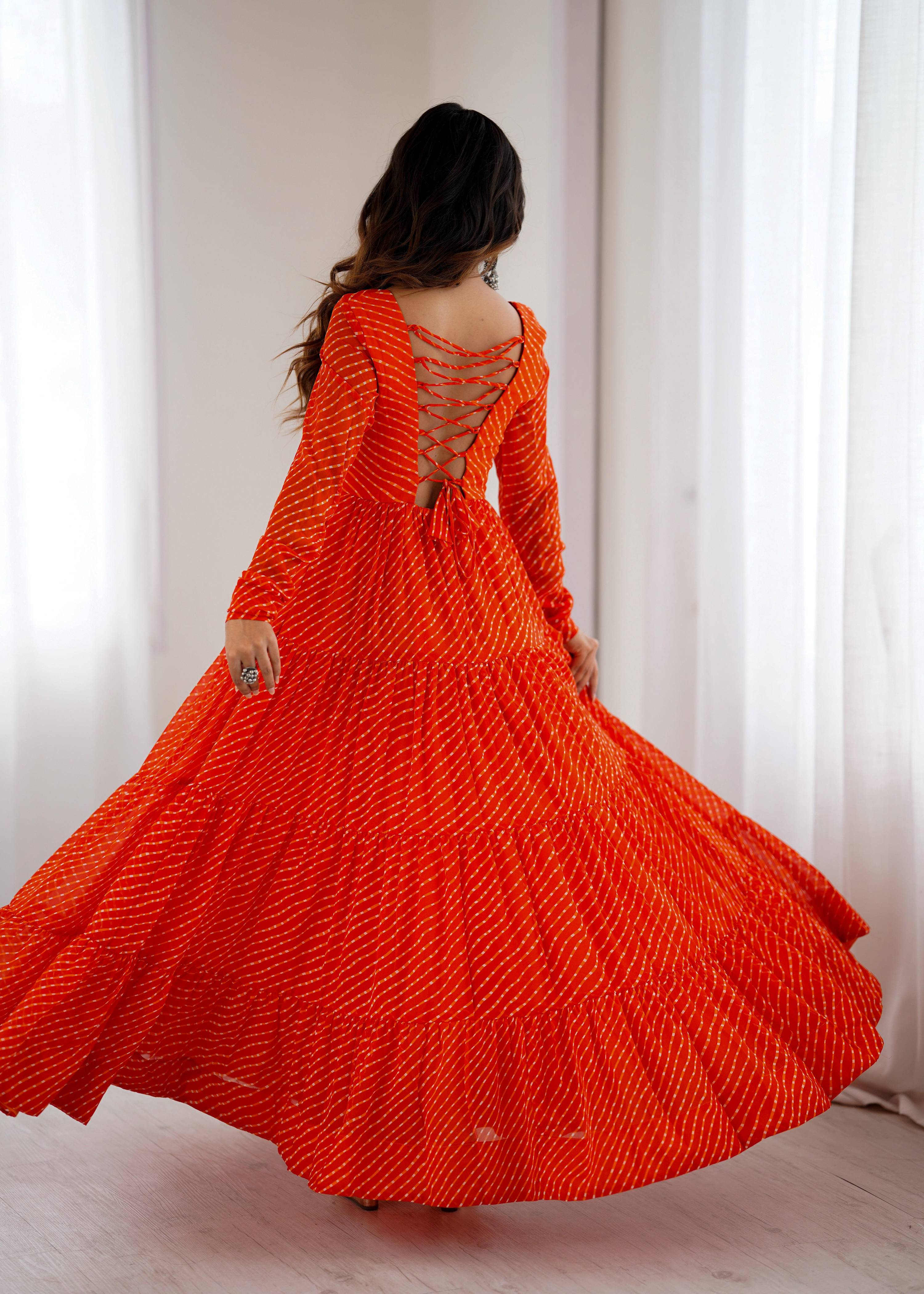 Lorenvalley Fashion Women Pure Soft Faux Georgette Leheriya Print Anarkali Gown - Distacart
