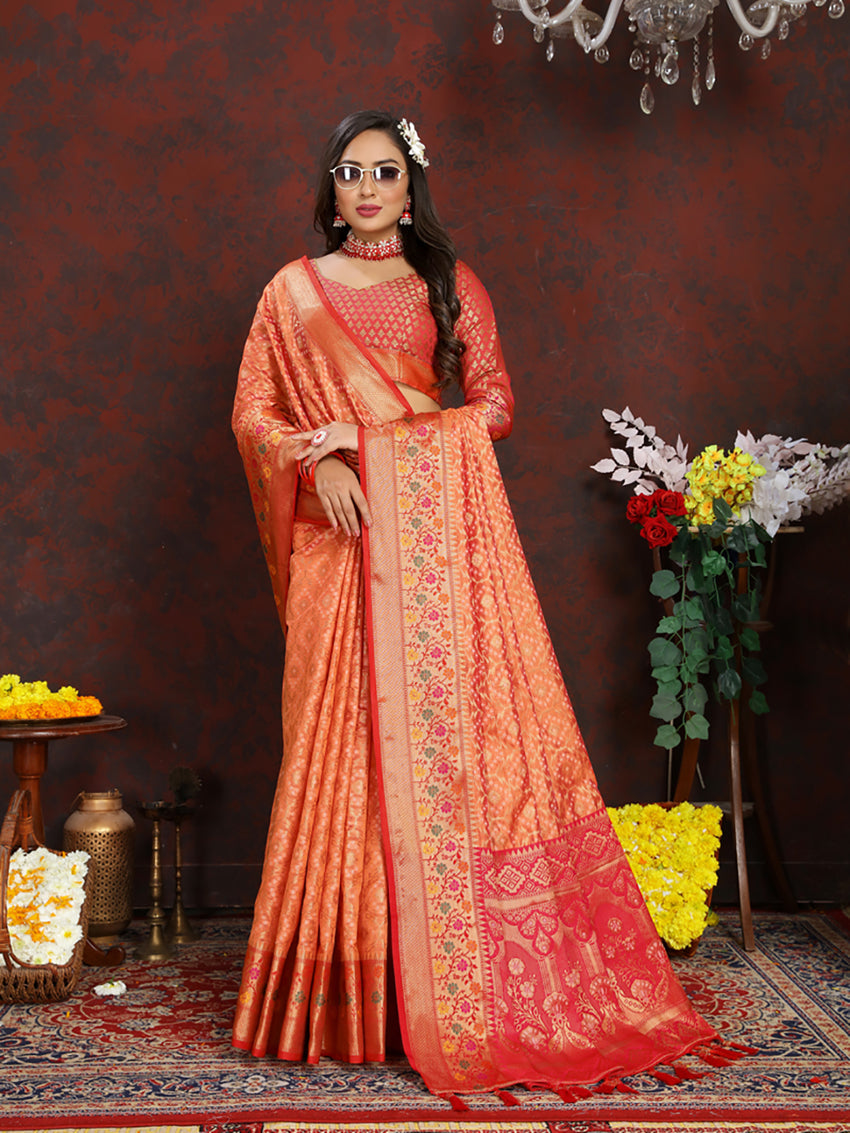 Lorenvalley Fashion Orange Organza Silk Woven Design with Rich Meenakari Weaving Pallu Saree