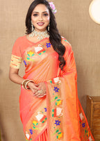 Lorenvalley Fashion Orange Soft Paithani Silk Woven Design Rich Zari Meenakari Weaving Saree