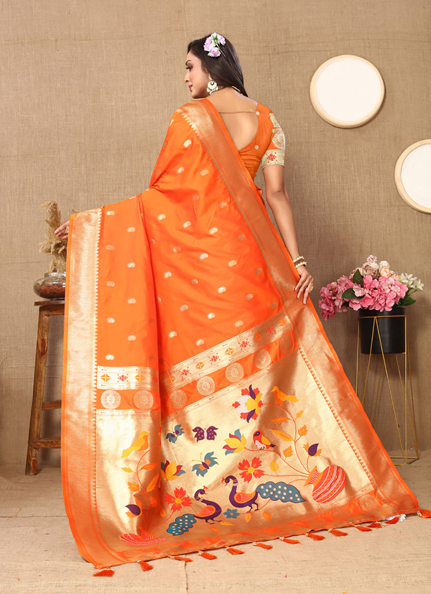 Lorenvalley Fashion Orange Soft Paithani Silk Woven Design Rich Zari Meenakari Weaving Saree