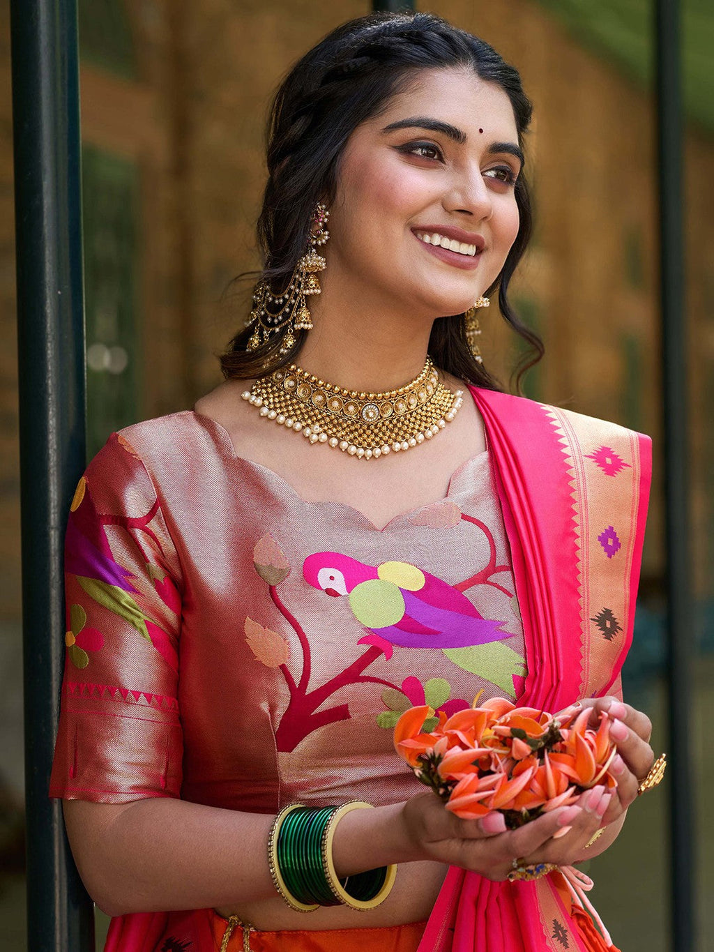 Lorenvalley Orange Jacquard Silk Paithani Weaving Zari Lehenga Choli with Dupatta