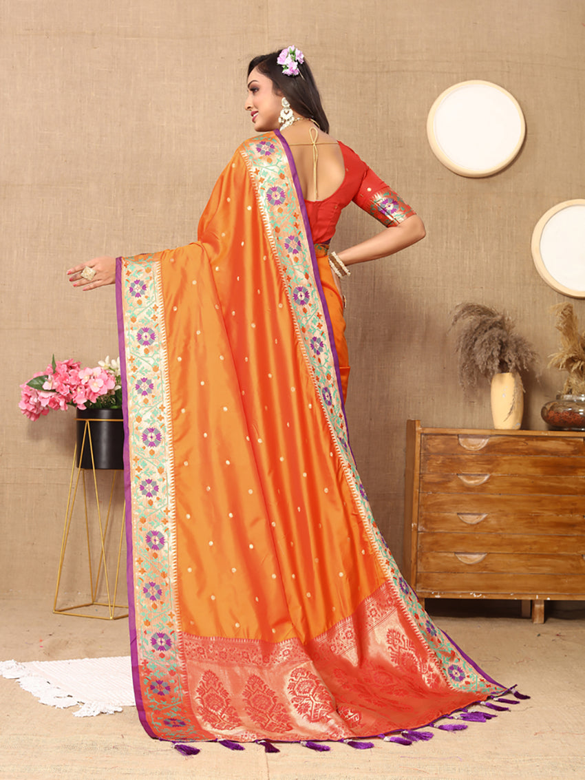 Lorenvalley Fashion Orange Soft Paithani Silk Woven Design Rich Meenakari Zari Weaving Pallu Saree