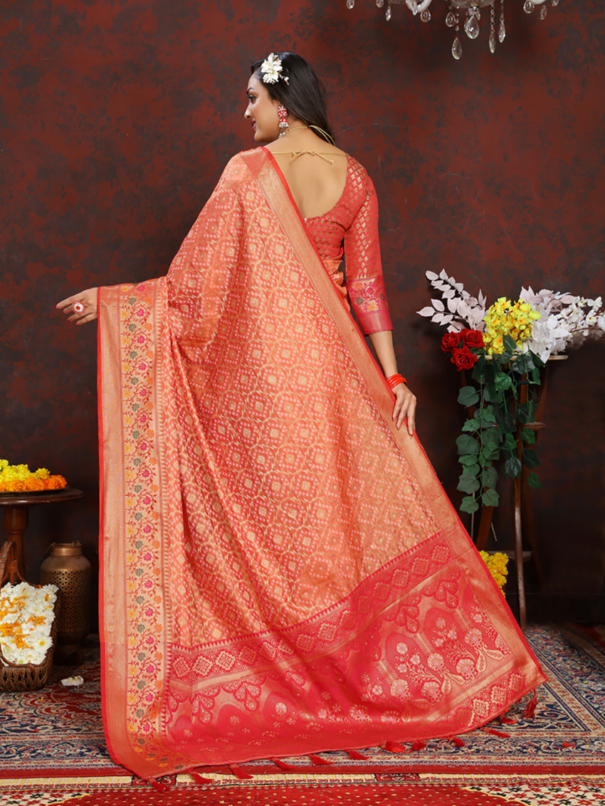Lorenvalley Fashion Orange Organza Silk Woven Design with Rich Meenakari Weaving Pallu Saree