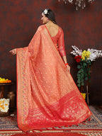 Lorenvalley Fashion Orange Organza Silk Woven Design with Rich Meenakari Weaving Pallu Saree