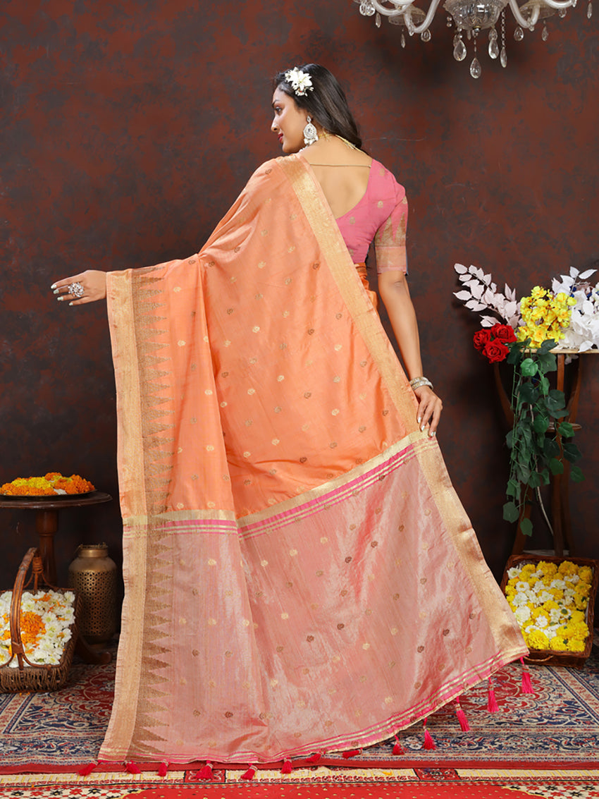Lorenvalley Fashion Orange Soft Katan Silk Woven Design Zari Weaving Pallu Saree